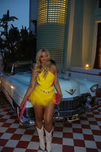 Load image into Gallery viewer, MADE TO ORDER: ALINA Sequin Shorts with Feather Trim (Yellow)