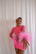 Load image into Gallery viewer, MADE TO ORDER : KIKO Lace Bodysuit with Feather Cuffs (Pink)