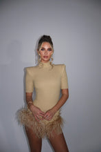 Load image into Gallery viewer, MADE TO ORDER: FREYA Gold Sparkle Ribbed Romper with Feathers