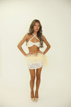 Load image into Gallery viewer, MADE TO ORDER: SPOTLIGHT Sheer Sequin Mini Skirt with Feather Details (Cream)