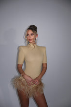 Load image into Gallery viewer, MADE TO ORDER: FREYA Gold Sparkle Ribbed Romper with Feathers