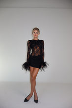 Load image into Gallery viewer, MADE TO ORDER: KIKO Lace Bodysuit with feather cuffs (Black)