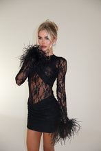 Load image into Gallery viewer, MADE TO ORDER: KIKO Lace Bodysuit with feather cuffs (Black)