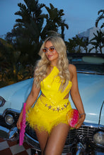 Load image into Gallery viewer, MADE TO ORDER: ALINA Sequin Shorts with Feather Trim (Yellow)