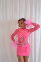 Load image into Gallery viewer, MADE TO ORDER : KIKO Lace Bodysuit with Feather Cuffs (Pink)