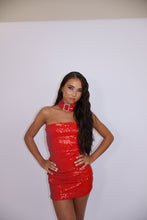 Load image into Gallery viewer, MADE TO ORDER: HARPER Sequin Mini Bandeau Dress (Red)