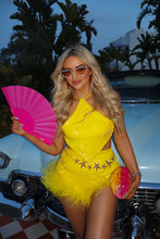 Load image into Gallery viewer, MADE TO ORDER: ALINA Sequin Shorts with Feather Trim (Yellow)