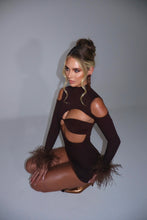 Load image into Gallery viewer, MADE TO ORDER: BLAIR Ribbed Dress with Feather Cuffs (Brown)