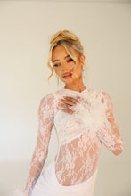 Load image into Gallery viewer, MADE TO ORDER: KIKO Lace Bodysuit with Feather Cuffs (White)