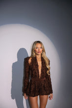 Load image into Gallery viewer, MADE TO ORDER: DARCY Puffball Short Halterneck Playsuit with Sleeves (Brown)