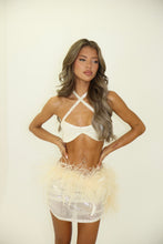 Load image into Gallery viewer, MADE TO ORDER: SPOTLIGHT Sheer Sequin Mini Skirt with Feather Details (Cream)