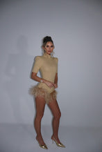 Load image into Gallery viewer, MADE TO ORDER: FREYA Gold Sparkle Ribbed Romper with Feathers
