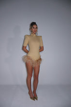 Load image into Gallery viewer, MADE TO ORDER: FREYA Gold Sparkle Ribbed Romper with Feathers