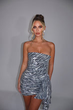 Load image into Gallery viewer, MADE TO ORDER: MILA Ruched Sequin Dress with Drape (Grey Tiger Print)
