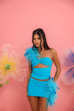 Load image into Gallery viewer, INSTOCK: EVIE Feather Detail Top and Mini Skirt (Turquoise Blue)
