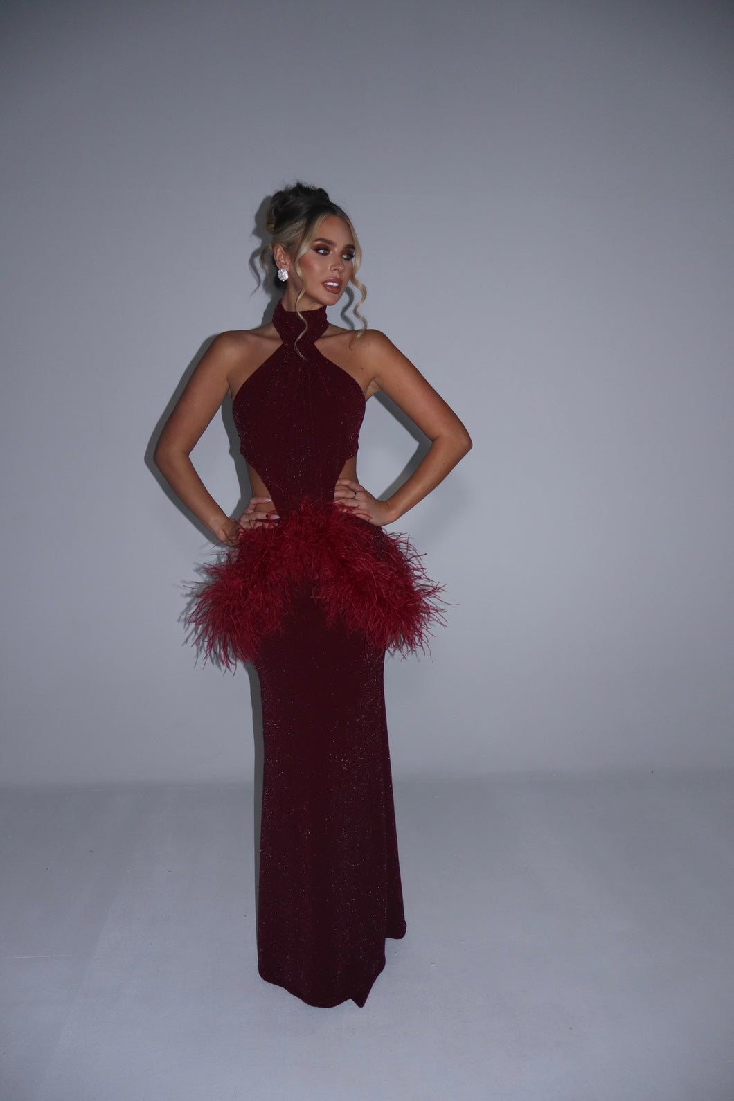 MADE TO ORDER: AZALEA Maxi Feather Skirt (Burgundy Sparkle)