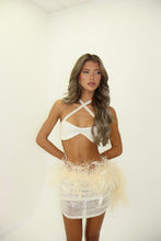 Load image into Gallery viewer, MADE TO ORDER: SPOTLIGHT Sheer Sequin Mini Skirt with Feather Details (Cream)

