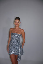 Load image into Gallery viewer, MADE TO ORDER: MILA Ruched Sequin Dress with Drape (Grey Tiger Print)
