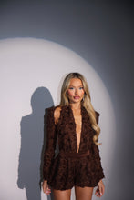 Load image into Gallery viewer, MADE TO ORDER: DARCY Puffball Short Halterneck Playsuit with Sleeves (Brown)
