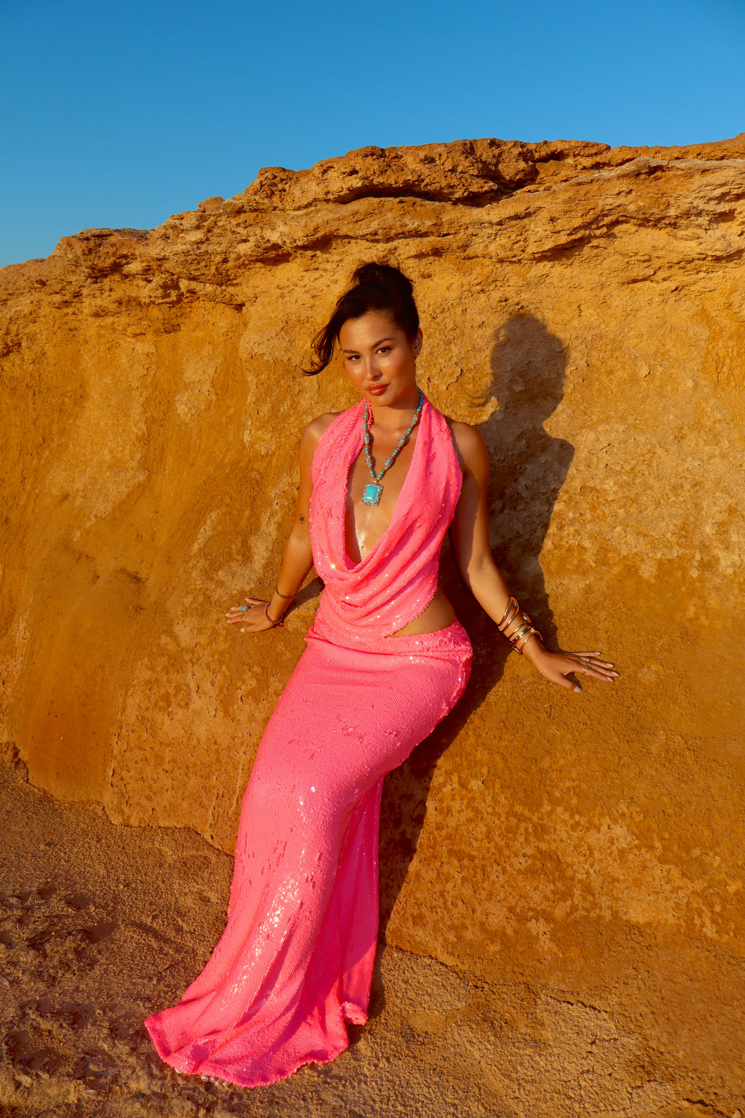 MADE TO ORDER: TALITA Cowl Neck Sequin Top (Hot Pink)