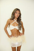 Load image into Gallery viewer, MADE TO ORDER: SPOTLIGHT Sheer Sequin Mini Skirt with Feather Details (Cream)
