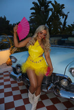 Load image into Gallery viewer, MADE TO ORDER: ALINA Sequin Shorts with Feather Trim (Yellow)
