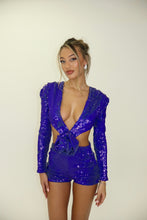 Load image into Gallery viewer, MADE TO ORDER: MONIQUE Sequin Playsuit with 3D Rose (Electric Blue)
